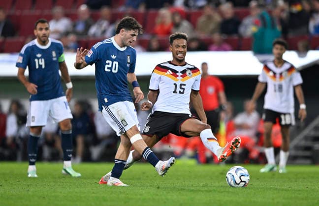 Bambase Conte GER 15 Tackle, Action against Christos Zafeiris GRE 20 DFB International Match Germany GER vs. Greece GRE UEFA Nations League on September 27, 2026 DFL REGULATIONS PROHIBIT ANY USE OF PHOTOGRAPHS AS IMAGE SEQUENCES AND OR QUASI-VIDEO DFB LaInternational Match: Germany (GER) vs. Greece (GRE), UEFA Nations League