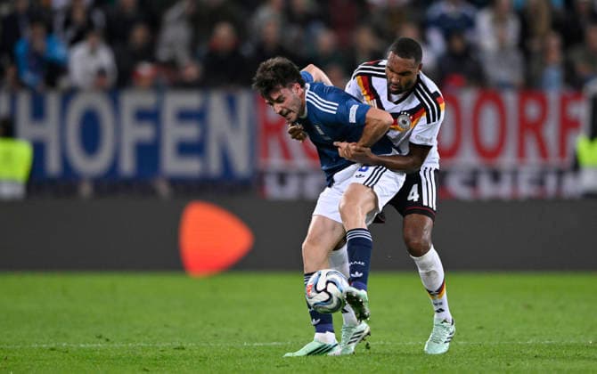 Tackle, Jonathan Tah (GER 04) vs. Fotis Ioannidis (GRE 08) – DFB International Match: Germany (GER) vs. Greece (GRE) – UEFA Nations League on September 27, 2026. DFL regulations prohibit any use of photographs as image sequences and or quasi- VIDEO DFB international match Germany (GER) vs. Greece (GRE), UEFA Nations League