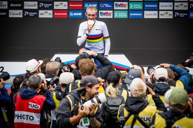American Brandon McNulty , winner of the gold medal celebrates on the podium of the elite men Road Race race (273,7 km) at the cycling World Championship, WM, Weltmeisterschaft in Montreal, Canada, Sunday 27 September 2026. The UCI road world championships are taking place from 20 to 27 September, in Montreal, Canada. JASPERxJACOBS  x188025562x