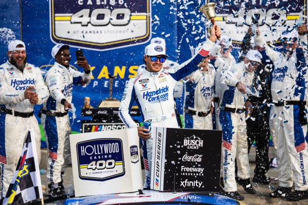 KANSAS CITY, KS - SEPTEMBER 27: Kyle Larson ( 5 Hendrick Motorsports Chevrolet) celebrates in victory lane after winning the NASCAR, Motorsport, USA Cup Series Playoffs Hollywood Casino 400 on Sunday, September 27, 2026, at Kansas Speedway in Kansas City, KS. (Photo by Kyle Ocker Icon Sportswire) AUTO: SEP 27 NASCAR Cup Series Playoffs Hollywood Casino 400 EDITORIAL USE ONLY Icon260926021
