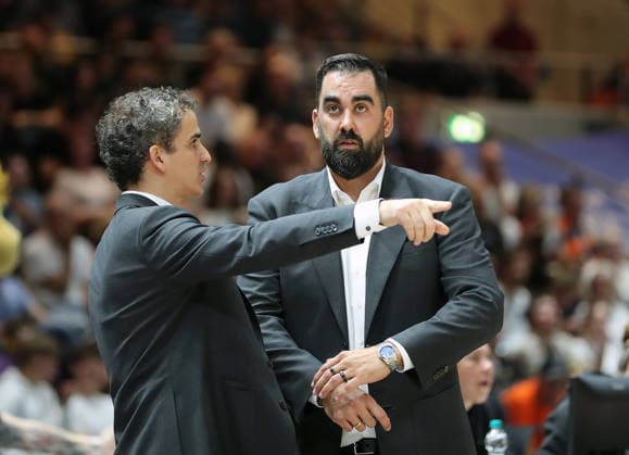 Head Coach Ramon Diaz of the Braunschweig Lions and his assistant coach Oriol Comas, Men s Basketball, 2026–2027 season, easyCredit Basketball Bundesliga, Braunschweig Lions vs. Rostock Seawolves, 83–82