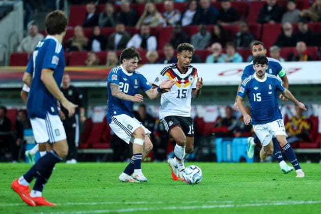 September 27, 2026, GER, Soccer, Men s, UEFA Nations League, League A, 2026–2027 Season, Matchday 2, Germany vs. Greece Christos Zafeiris Greece 20, left Bambase Conte Germany 15, right DFB DFL regulations prohibit any use of photographs as image sequences and or quasi-video Augsburg WWK Arena Bavaria Germany Copyright: xNordphoto Schneiderx
