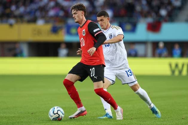 27.09.2026 - SOCCER - 2026 27 UEFA NATIONS LEAGUE, League B - Group B3, Round 2, Austria vs Kosovo Paul Wanner (Austria) and Dion Gallapeni (Kosovo) in duel Vienna Ernst-Happel-Stadion Vienna Austria Copyright: xYigitxOermexYigitxOermex