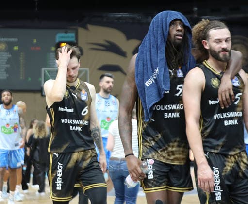 Ferdinand Zylka, Basketball Löwen Braunschweig; Tajh Green, Basketball Löwen Braunschweig; Devin Askew, Basketball Löwen Braunschweig; Basketball, Men s, 2026–2027 season, easyCredit Basketball Bundesliga, Braunschweig Lions vs. Rostock Seawolves, 83–82
