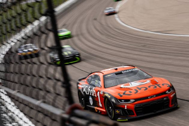 KANSAS CITY, KS - SEPTEMBER 27: Ross Chastain ( 1 Trackhouse Racing Chevrolet) races through turns one and two during the NASCAR, Motorsport, USA Cup Series Playoffs Hollywood Casino 400 on Sunday, September 27, 2026, at Kansas Speedway in Kansas City, KS. (Photo by Kyle Ocker Icon Sportswire) AUTO: SEP 27 NASCAR Cup Series Playoffs Hollywood Casino 400 EDITORIAL USE ONLY Icon260926029