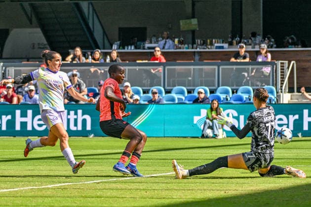 SAN JOSE, CA - SEPTEMBER 27: Bay FC forward Racheal Kundananji (9) attempts a goal strike only to have Orlando Pride goalkeeper Cosette MorchÃ (77) deflect the attempt during the Latino Heritage match between Orlando Pride and Bay FC on Sunday, September 27, 2026 at PayPal Stadium in San Jose, California. (Photo by Douglas Stringer Icon Sportswire) SOCCER: SEP 27 NWSL Bay FC vs Orlando Pride EDITORIAL USE ONLY Icon2609278