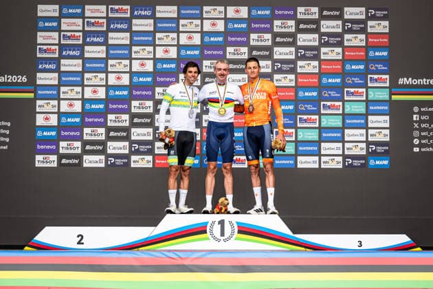 MATTHEWS Michael, MCNULTY Brandon, VAN DER POEL Mathieu UCI Road Cycling World Championships Montreal Canada 2026 MATTHEWS Michael AUS Australia Second Place MCNULTY Brandon USA USA Winner First Place VAN DER POEL Mathieu NED Netherlands Third Place Award Ceremony Medal Ceremony Podium Landscape Orientation Landscape Event UCI Road Cycling World Championships Montreal Canada 2026 Category: Cycling, Road Cycling World Championships, Elite Men Location: North America, Canada, Quebec, Montreal Start: Brossard Finish: Montreal Road Race (RR) Distance: 273.4 km Date: September 27, 2026 (Sunday), Day 7
