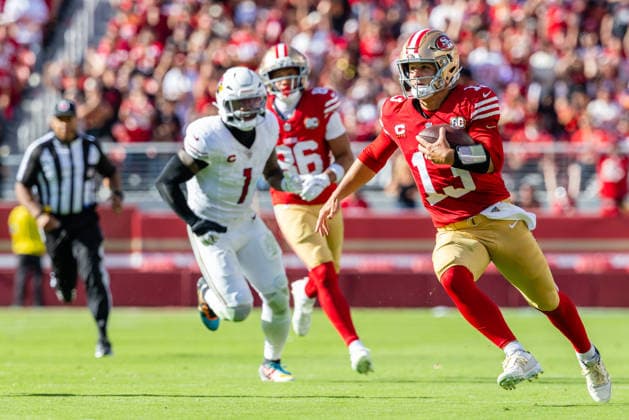 SANTA CLARA, CA - SEPTEMBER 27: Brock Purdy 13 of the San Francisco 49ers runs the ball in the fourth quarter of an NFL, American Football Herren, USA game against the Arizona Cardinals on September 27, 2026 at Levi s Stadium in Santa Clara, CA. (Photo by Matthew Huang Icon Sportswire) NFL: SEP 27 Cardinals at 49ers EDITORIAL USE ONLY Icon260927040