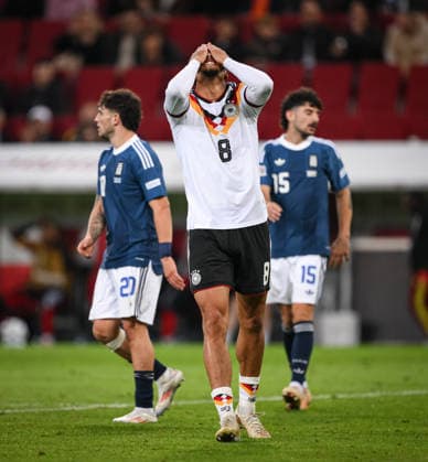 SOCCER UEFA Nations League League A Group 2 2026–2027 in Augsburg, September 27, 2026: Germany vs. Greece. Disappointment for Germany: Felix Nmecha in the middle of the field after missing a scoring opportunity.