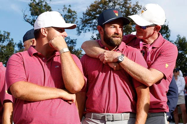 MEDINAH, IL - SEPTEMBER 27: United States captain Brandt Snedeker hugs Cameron Young of the United States as they wait for other matches to conclude during the Sunday singles session of the Presidents Cup, September 27, 2026, at Medinah Country Club in Medinah, Illinois. (Photo by Matthew Maxey Icon Sportswire) GOLF: SEP 27 Presidents Cup EDITORIAL USE ONLY Icon260927045