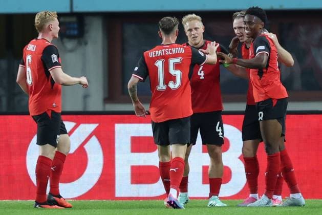 27.09.2026 - SOCCER - 2026 27 UEFA NATIONS LEAGUE, League B - Group B3, Round 2, Austria vs Kosovo Junior Adamu (Austria) celebrates his team s second goal Vienna Ernst-Happel-Stadion Vienna Austria Copyright: xYigitxOermexYigitxOermex