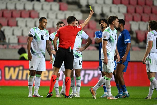 SOCCER - UEFA Nations League - Israel vs. Republic of Ireland Photo by IPA ABACAPRESS.COM89046706 - Yellow card issued to Raz Shlomo (Israel) for an on-field brawl during the Nations League phase, Matchday 2 between Israel and Ireland on September 27, 2026, at the Puskas Arena in Budapest, Hungary Debrecen Hungary  Copyright: xIPAxSport ABACAx