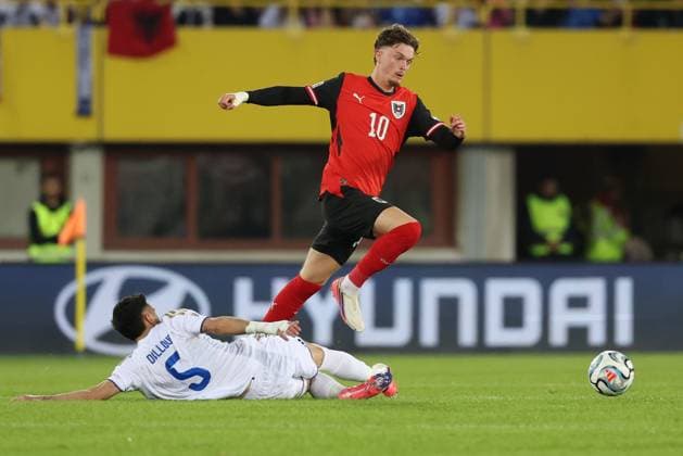 27.09.2026 - SOCCER - 2026 27 UEFA NATIONS LEAGUE, League B - Group B3, Round 2, Austria vs Kosovo Lumbardh Dellova (Kosovo) and Paul Wanner (Austria) in duel Vienna Ernst-Happel-Stadion Vienna Austria Copyright: xYigitxOermexYigitxOermex