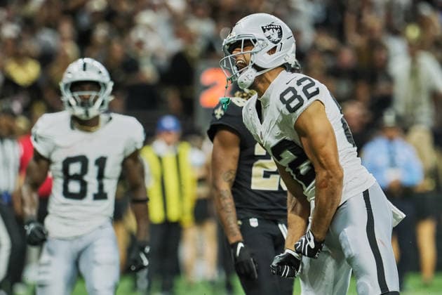 September 27, 2026, New Orleans, Louisiana, U.S: September 27, 2026 New Orleans, Louisiana, USA: Las Vegas Raiders wide receiver Cody White celebrates scoring a touchdown against the New Orleans Saints during a regular season game on September 27, 2026 . The Raiders beat the Saints 35-27 at an NFL, American Football Herren, USA regular season game. NFL 2026 Raiders At Saints - ZUMAa14_ 20260927_zaf_a14_017 Copyright: xDanxAndersonx