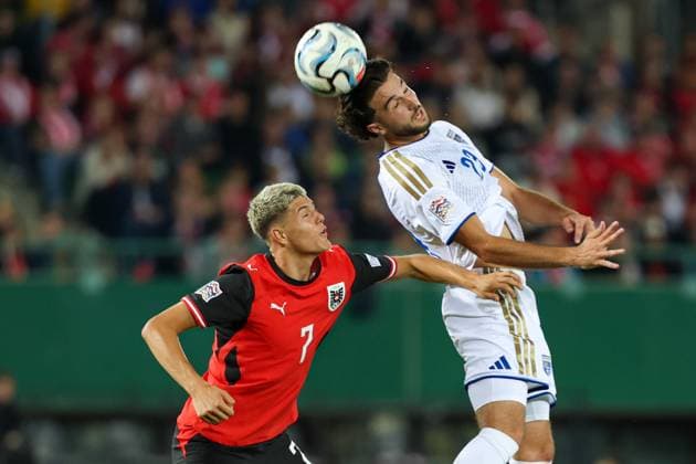 27.09.2026 - SOCCER - 2026 27 UEFA NATIONS LEAGUE, League B - Group B3, Round 2, Austria vs Kosovo Vasilije Markovic (Austria) and Leon Avdullahu (Kosovo) in aerial duel Vienna Ernst-Happel-Stadion Vienna Austria Copyright: xYigitxOermexYigitxOermex