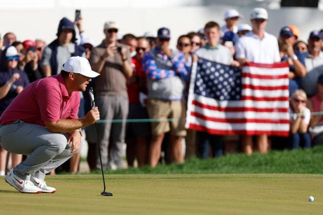 MEDINAH, IL - SEPTEMBER 27: Chris Gotterup of the United States reads a putt on No. 18 during the Sunday singles session of the Presidents Cup, September 27, 2026, at Medinah Country Club in Medinah, Illinois. (Photo by Matthew Maxey Icon Sportswire) GOLF: SEP 27 Presidents Cup EDITORIAL USE ONLY Icon260927087
