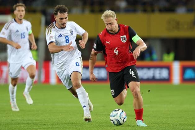 27.09.2026 - SOCCER - 2026 27 UEFA NATIONS LEAGUE, League B - Group B3, Round 2, Austria vs Kosovo Valmir Matoshi (Kosovo) and Xaver Schlager (Austria) in one-on-one Vienna Ernst-Happel-Stadion Vienna Austria Copyright: xYigitxOermexYigitxOermex