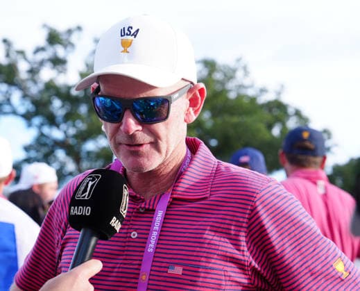 MEDINAH, IL - SEPTEMBER 27: Team USA captain Brandt Snedeker does an interview after USA clinches the Presidents Cup during the round five singles matches of the 2026 Presidents Cup on September 27, 2026, at Medinah Country Club in Medinah, Illinois. (Photo by Brian Spurlock Icon Sportswire) GOLF: SEP 27 Presidents Cup EDITORIAL USE ONLY Icon26092768