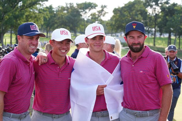 MEDINAH, IL - SEPTEMBER 27: From left to right Team USA golfers Justin Thomas and Collin Morikawa and Jackson Koivun and Cameron Young pose for a group photo after USA clinches the Presidents Cup during the round five singles matches of the 2026 Presidents Cup on September 27, 2026, at Medinah Country Club in Medinah, Illinois. (Photo by Brian Spurlock Icon Sportswire) GOLF: SEP 27 Presidents Cup EDITORIAL USE ONLY Icon26092775