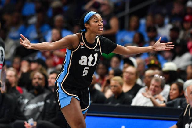 ATLANTA, GA - SEPTEMBER 27: Atlanta forward Angel Reese (5) reacts during the WNBA, Basketball Damen, USA first round playoff game between the Washington Mystics and the Atlanta Dream on September 27th, 2026 at State Farm Arena in Atlanta, GA. (Photo by Rich von Biberstein Icon Sportswire) WNBA: SEP 27 Playoffs Washington Mystics at Atlanta Dream EDITORIAL USE ONLY Icon260927019