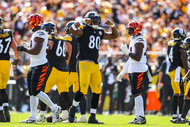 September 27, 2026, Pittsburgh, Pennsylvania, USA: Pittsburgh Steelers tight end DARNELL WASHINGTON (80) flexes after a reception during the NFL, American Football Herren, USA football game between the Pittsburgh Steelers and the Cincinnati Bengals in Pittsburgh, Pennsylvania. NFL 2026: Bengals 27: 30 Steelers  - ZUMAg257 20260927_zsp_g257_011 Copyright: xBrentxGudenschwagerx