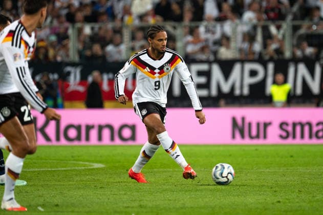 GER, Bavaria, Augsburg, Soccer, Germany vs. Greece, at the WWK Arena, Augsburg, UEFA Nations League, Matchday 2, Group Stage, September 27, 2026, from left: Kevin Schade, Germany, 9, on the attack, portrait, single image, cutout, portrait, headshot, single image, cutout. DFL and DFB regulations prohibit any use of photographs as image sequences and or quasi-video, Copyright: HMB-Media MichaelxNibel