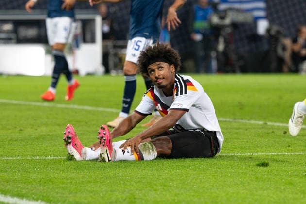 GER, Bavaria, Augsburg, Soccer, Germany vs. Greece, at the WWK Arena, Augsburg, UEFA Nations League, Matchday 2, Group Stage, September 27, 2026, from left: Karim Adeyemi (Germany), 19, portrait, single image, cutout, disappointment, sadness, grief, frustration, emotions. DFL and DFB regulations prohibit any use of photographs as image sequences and or quasi-video, Copyright: HMB-Media MichaelxNibel