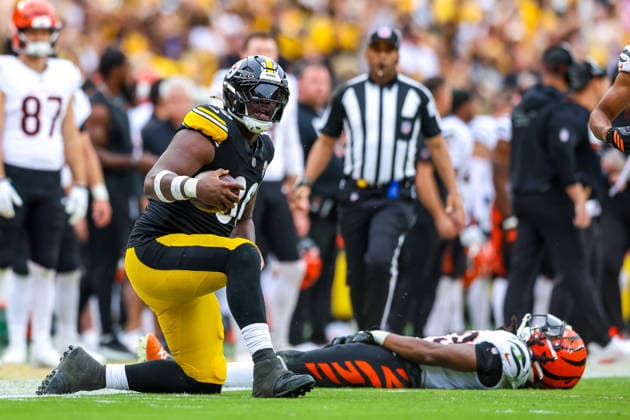 September 27, 2026, Pittsburgh, Pennsylvania, USA: Pittsburgh Steelers tight end DARNELL WASHINGTON (80) celebrates after a long first down gain during the NFL, American Football Herren, USA football game between the Pittsburgh Steelers and the Cincinnati Bengals in Pittsburgh, Pennsylvania. Pittsburgh USA - ZUMAg257 20260927_zsp_g257_055 Copyright: xBrentxGudenschwagerx