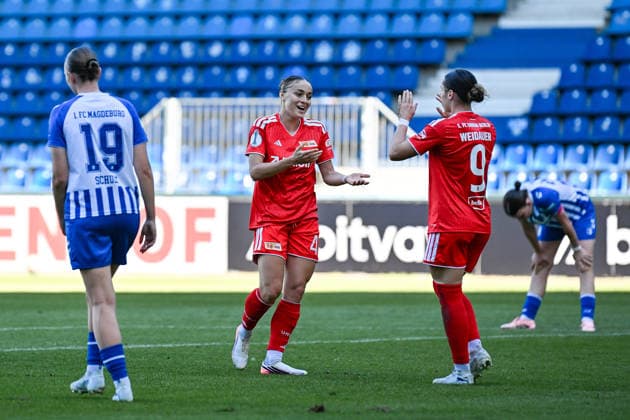 Soccer I Women’s I 2026–2027 Season I DFB Cup I 1. FC Magdeburg vs. 1. FC Union Berlin I September 27, 2026 Goal celebration: Lia Kamber (41), 1. FC Union Berlin, and Sophie Weidauer (9), 1 FC Union Berlin vs. Magdeburg, Avnet Arena, Heinz Krügel Platz 1, Saxony-Anhalt, Germany Copyright: xLobeca InesxHähnelx
