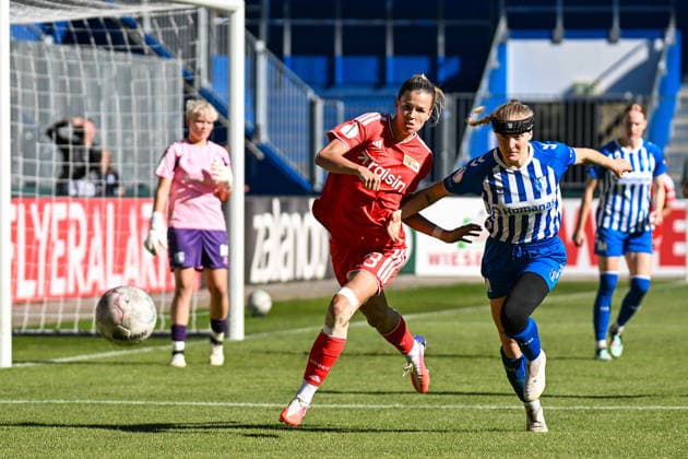 Soccer I Women I 2026–2027 Season I DFB Cup I 1 FC Magdeburg vs. 1 FC Union Berlin I September 27, 2026 Tackle: Nele Bauereisen (23), 1 FC Union Berlin, Emily Bunnell (32), 1 FC Magdeburg, Magdeburg, Avnet Arena, Heinz Krügel Platz 1, Saxony-Anhalt, Germany Copyright: xLobeca InesxHähnelx