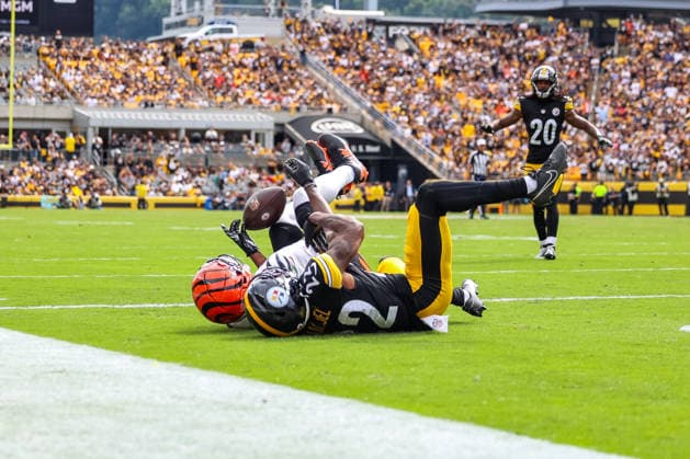 September 27, 2026, Pittsburgh, Pennsylvania, USA: Cincinnati Bengals wide receiver TEE HIGGINS (5) bobbles the ball before securing it for a touchdown against Pittsburgh Steelers cornerback ASANTE SAMUEL JR. (22) during the NFL, American Football Herren, USA football game between the Pittsburgh Steelers and the Cincinnati Bengals in Pittsburgh, Pennsylvania. NFL 2026: Bengals 27: 30 Steelers  - ZUMAg257 20260927_zsp_g257_090 Copyright: xBrentxGudenschwagerx