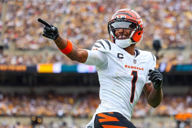 September 27, 2026, Pittsburgh, Pennsylvania, USA: Cincinnati Bengals wide receiver JA MARR CHASE (1) taunts a fan after a touchdown during the NFL, American Football Herren, USA football game between the Pittsburgh Steelers and the Cincinnati Bengals in Pittsburgh, Pennsylvania. Pittsburgh USA - ZUMAg257 20260927_zsp_g257_095 Copyright: xBrentxGudenschwagerx