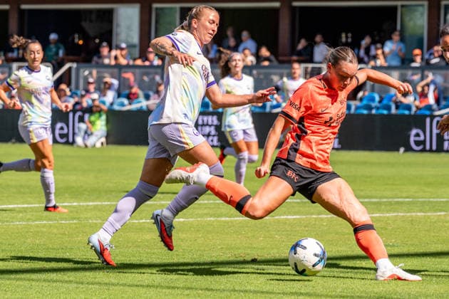SAN JOSE, CA - SEPTEMBER 27: Bay FC midfielder Claire Hutton (8) sets up a shot toward the goal in front of Orlando Pride midfielder Angelina Alonso Costantino (7) during the Latino Heritage match between Orlando Pride and Bay FC on Sunday, September 27, 2026 at PayPal Stadium in San Jose, California. (Photo by Douglas Stringer Icon Sportswire) SOCCER: SEP 27 NWSL Bay FC vs Orlando Pride EDITORIAL USE ONLY Icon260927016