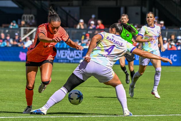 SAN JOSE, CA - SEPTEMBER 27: Bay FC forward Karlie Lema (5) jumps over Orlando Pride defender Rafaelle Leone Carvalho Souza (4) while pursuing the ball during the match between Orlando Pride and Bay FC on Sunday, September 27, 2026 at PayPal Stadium in San Jose, California. (Photo by Douglas Stringer Icon Sportswire) SOCCER: SEP 27 NWSL Bay FC vs Orlando Pride EDITORIAL USE ONLY Icon260927020
