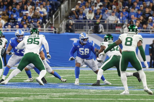 DETROIT, MI - SEPTEMBER 27: Detroit Lions tackle Penei Sewell (58) blocks during a play during the second quarter of a regular season NFL, American Football Herren, USA football game between the New York Jets and the Detroit Lions on September 27, 2026 at Ford Field in Detroit, Michigan. (Photo by Scott W. Grau Icon Sportswire) NFL: SEP 27 Jets at Lions EDITORIAL USE ONLY Icon26092749