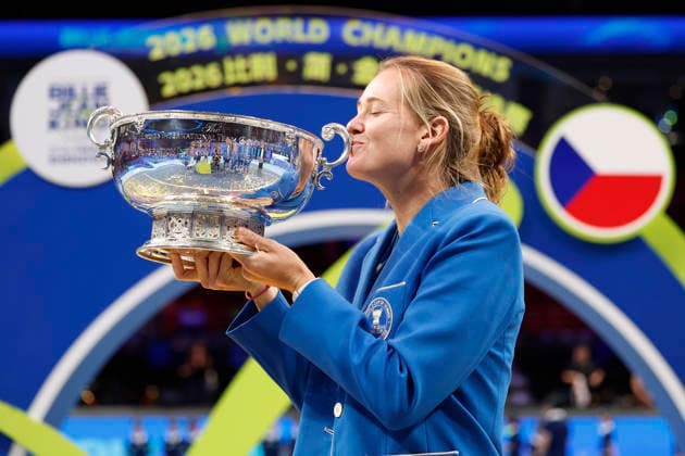 Czech tennis player Marie Bouzkova poses with the 2026 Billie Jean King Cup winners trophy on September 27, 2026, in Shenzhen, China. (CTKxPhoto PavelxLebeda) CTKPhotoF202609280001201  CTKPhotoF202609280001201