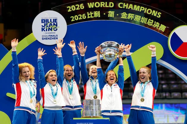 The Czech team, consisting of Katerina Siniakova, Sara Bejlek, Marie Bouzkova, Karolina Muchova, non-playing captain Barbora Strycova, and Linda Noskova during the ceremony following their victory in the final match against Ukraine at the 2026 Billie Jean King Cup, September 27, 2026, Shenzhen, China. (CTKxPhoto PavelxLebeda) CTKPhotoF202609280001701 CTKPhotoF202609280001701