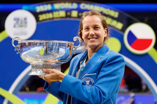 Non-playing captain Barbora Strycova poses with the 2026 Billie Jean King Cup trophy, September 27, 2026, Shenzhen, China. (CTKxPhoto PavelxLebeda) CTKPhotoF202609280001901  CTKPhotoF202609280001901