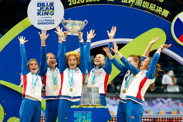 The Czech team, consisting of Katerina Siniakova, Sara Bejlek, Marie Bouzkova, Karolina Muchova, non-playing captain Barbora Strycova, and Linda Noskova during the victory ceremony following their win in the final match against Ukraine in the 2026 Billie Jean King Cup, September 27, 2026, Shenzhen, China. (CTKxPhoto PavelxLebeda) CTKPhotoF202609280002101 CTKPhotoF202609280002101