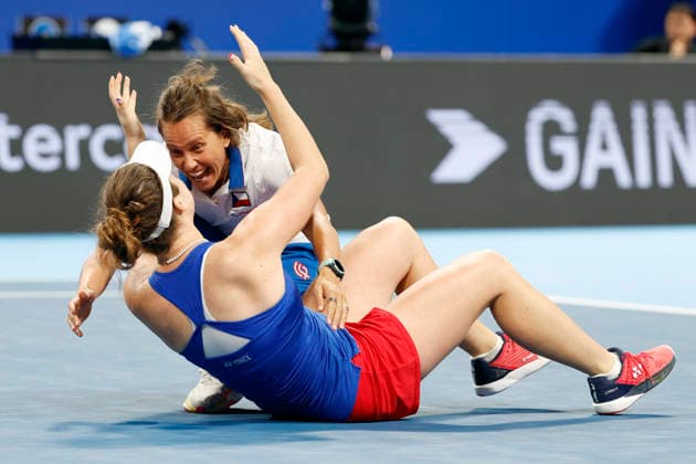 Non-playing captain Barbora Strycova and Linda Noskova celebrate their victory in the final match against Ukraine at the 2026 Billie Jean King Cup on September 27, 2026, in Shenzhen, China. (CTKxPhoto PavelxLebeda) CTKPhotoF202609280002301  CTKPhotoF202609280002301