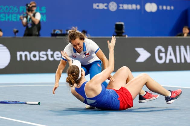 Non-playing captain Barbora Strycova and Linda Noskova celebrate their victory in the final match against Ukraine at the 2026 Billie Jean King Cup on September 27, 2026, in Shenzhen, China. (CTKxPhoto PavelxLebeda) CTKPhotoF202609280002601  CTKPhotoF202609280002601