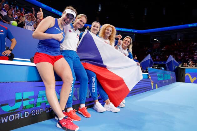 Linda Noskova, Marie Bouzkova, Karolina Muchova, Katerina Siniakova, and Sara Bejlek celebrate their victory in the final match against Ukraine at the 2026 Billie Jean King Cup on September 27, 2026, in Shenzhen, China. (CTKxPhoto PavelxLebeda) CTKPhotoF202609280003001  CTKPhotoF202609280003001