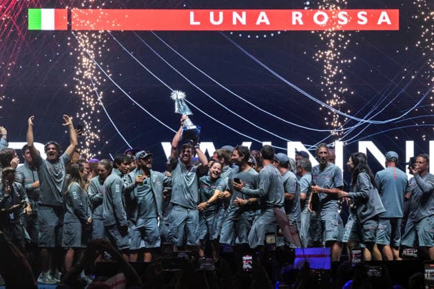 September 27, 2026, Napoli, Naples, Naples, Italy: Crew members and staff seen celebrating the victory. Gaetano Manfredi, Mayor of Naples, Roberto Fico, President of the Campania Region Minister or & Youth Andrea Abodi, CEO, Ceo of America s Cup Partnership Marzio Perrelli, and the President of Sport and Salute Marco Mezzaroma.had given prizes created by Neapolitan artist Lello Esposito (not in the pic) to Luna Rossa 1 Team (Italy) members for the winning of the Louis Vuitton 38th America s Cup Preliminary Regatta and to Emirates Women and Youth groups Prize Giving To Luna Rossa Team In Naples - ZUMAf172 0867986453st Copyright: xValeriaxFerrarox