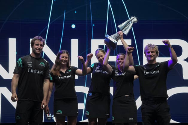 September 27, 2026, Napoli, Naples, Naples, Italy: Emirates Youth and Woman crew poses with prize. Gaetano Manfredi, Mayor of Naples, Roberto Fico, President of the Campania Region Minister or & Youth Andrea Abodi, CEO, Ceo of America s Cup Partnership Marzio Perrelli, and the President of Sport and Salute Marco Mezzaroma.had given prizes created by Neapolitan artist Lello Esposito (not in the pic) to Luna Rossa 1 Team (Italy) members for the winning of the Louis Vuitton 38th America s Cup Preliminary Regatta and to Emirates Women and Youth groups Prize Giving To Luna Rossa Team In Naples - ZUMAf172 0867986640st Copyright: xValeriaxFerrarox