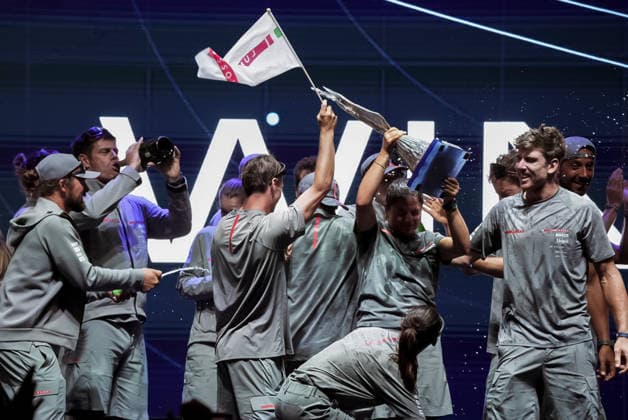 September 27, 2026, Napoli, Naples, Naples, Italy: The crew and staff members of Luna Rossa 1 seen celebrating on stage.Gaetano Manfredi, Mayor of Naples, Roberto Fico, President of the Campania Region Minister or & Youth Andrea Abodi, CEO, Ceo of America s Cup Partnership Marzio Perrelli, and the President of Sport and Salute Marco Mezzaroma.had given prizes created by Neapolitan artist Lello Esposito (not in the pic) to Luna Rossa 1 Team (Italy) members for the winning of the Louis Vuitton 38th America s Cup Preliminary Regatta and to Emirates Women and Youth groups Prize Giving To Luna Rossa Team In Naples - ZUMAf172 0867986688st Copyright: xValeriaxFerrarox
