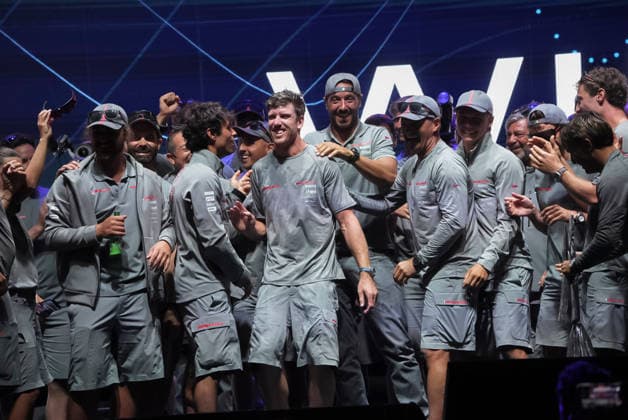 September 27, 2026, Napoli, Naples, Naples, Italy: Peter Burlington (C) with crew and staff members celebrate the victory. Gaetano Manfredi, Mayor of Naples, Roberto Fico, President of the Campania Region Minister or & Youth Andrea Abodi, CEO, Ceo of America s Cup Partnership Marzio Perrelli, and the President of Sport and Salute Marco Mezzaroma.had given prizes created by Neapolitan artist Lello Esposito (not in the pic) to Luna Rossa 1 Team (Italy) members for the winning of the Louis Vuitton 38th America s Cup Preliminary Regatta and to Emirates Women and Youth groups Prize Giving To Luna Rossa Team In Naples - ZUMAf172 0867986691st Copyright: xValeriaxFerrarox