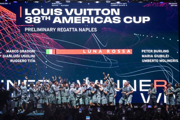 September 27, 2026, Napoli, Naples, Naples, Italy: The celebration of crew members and their staff on the stage. Gaetano Manfredi, Mayor of Naples, Roberto Fico, President of the Campania Region Minister or & Youth Andrea Abodi, CEO, Ceo of America s Cup Partnership Marzio Perrelli, and the President of Sport and Salute Marco Mezzaroma.had given prizes created by Neapolitan artist Lello Esposito (not in the pic) to Luna Rossa 1 Team (Italy) members for the winning of the Louis Vuitton 38th America s Cup Preliminary Regatta and to Emirates Women and Youth groups Prize Giving To Luna Rossa Team In Naples - ZUMAf172 0867986988st Copyright: xValeriaxFerrarox