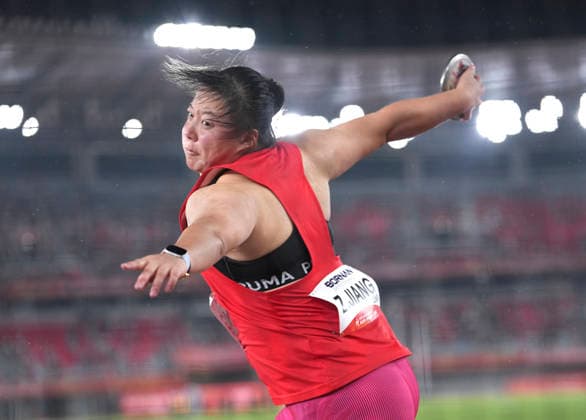(260928) -- NAGOYA, Sept. 28, 2026 -- Jiang Zhichao of China competes during the women s discus throw final of Athletics at the 20th Asian Games Aichi-Nagoya 2026 in Nagoya, Japan, Sept. 28, 2026. ) (SP)JAPAN-NAGOYA-ASIAN GAMES-ATHLETICS-WOMEN S DISCUS THROW LuoxYuan 