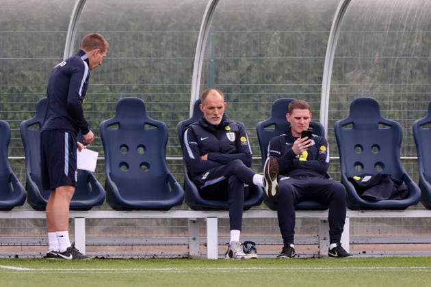 Thomas Tuchel manager of England during their training a session at Tottenham Hotspur Training Ground, Enfield. Picture date: 28th September 2026. Picture credit should read: David Klein Sportimage EDITORIAL USE ONLY. No use with unauthorised audio, video, data, fixture lists, club league logos or live services. Online in-match use limited to 120 images, no video emulation. No use in betting, games or single club league player publications. SPI_004_DK_England_Training SPI-5048-0004
