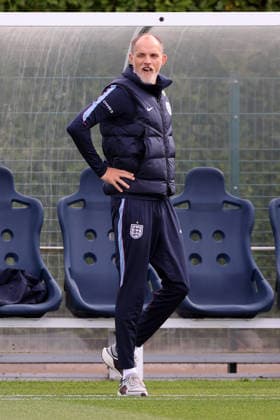 Thomas Tuchel manager of England during their training a session at Tottenham Hotspur Training Ground, Enfield. Picture date: 28th September 2026. Picture credit should read: David Klein Sportimage EDITORIAL USE ONLY. No use with unauthorised audio, video, data, fixture lists, club league logos or live services. Online in-match use limited to 120 images, no video emulation. No use in betting, games or single club league player publications. SPI_010_DK_England_Training SPI-5048-0010